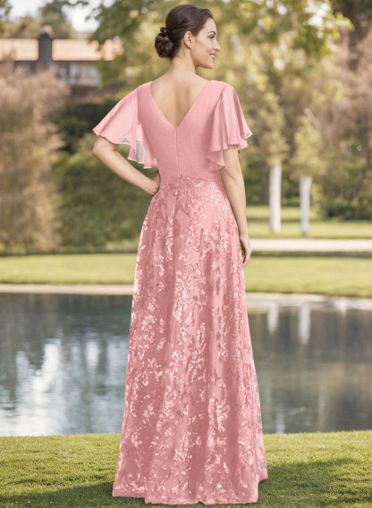 Exquisite Flutter Sleeve V-Neck Mother Of The Bride Dresses With Floral Embroidered Skirt