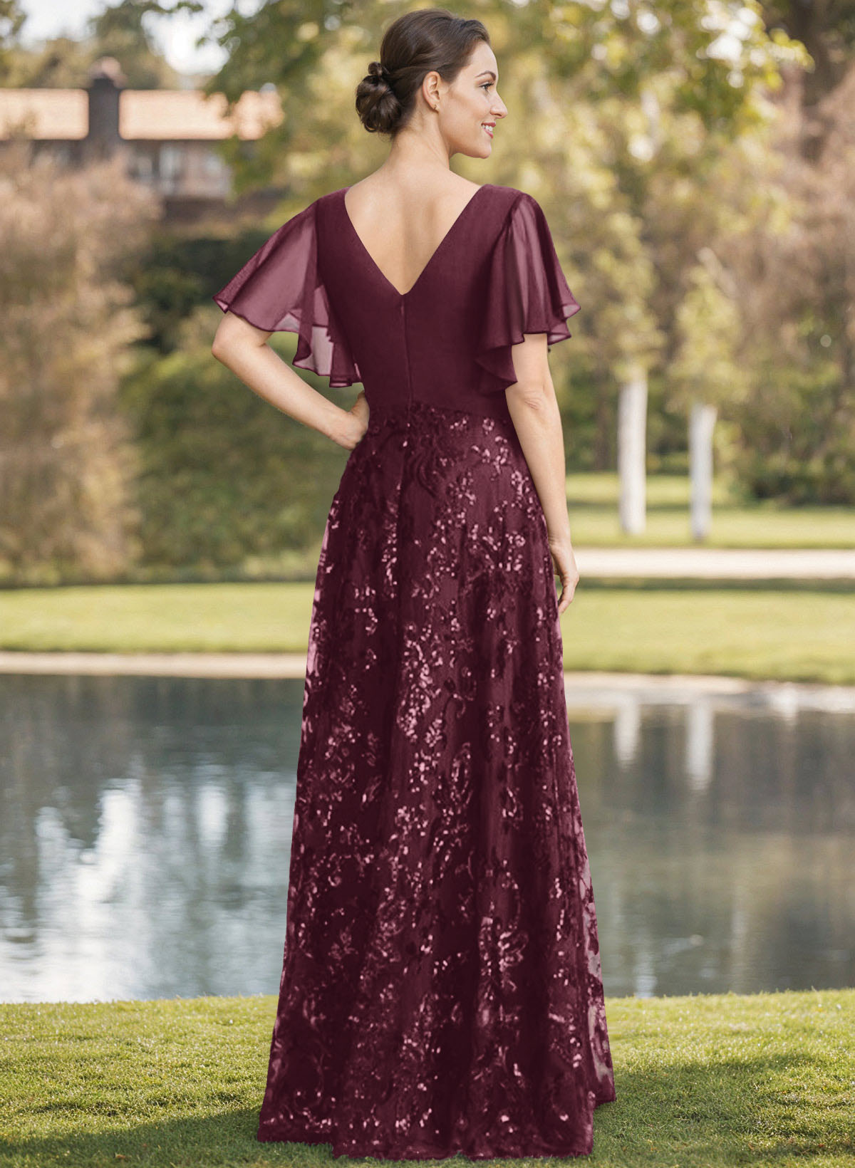 Exquisite Flutter Sleeve V-Neck Mother Of The Bride Dresses With Floral Embroidered Skirt