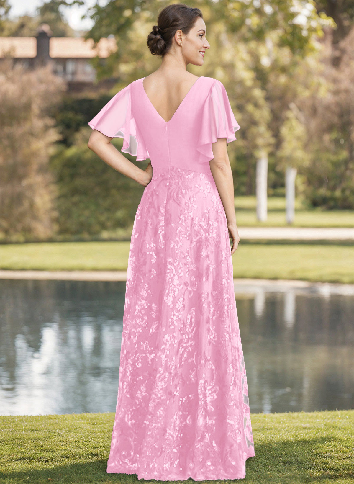 Exquisite Flutter Sleeve V-Neck Mother Of The Bride Dresses With Floral Embroidered Skirt