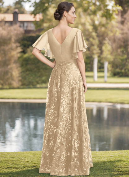 Exquisite Flutter Sleeve V-Neck Mother Of The Bride Dresses With Floral Embroidered Skirt