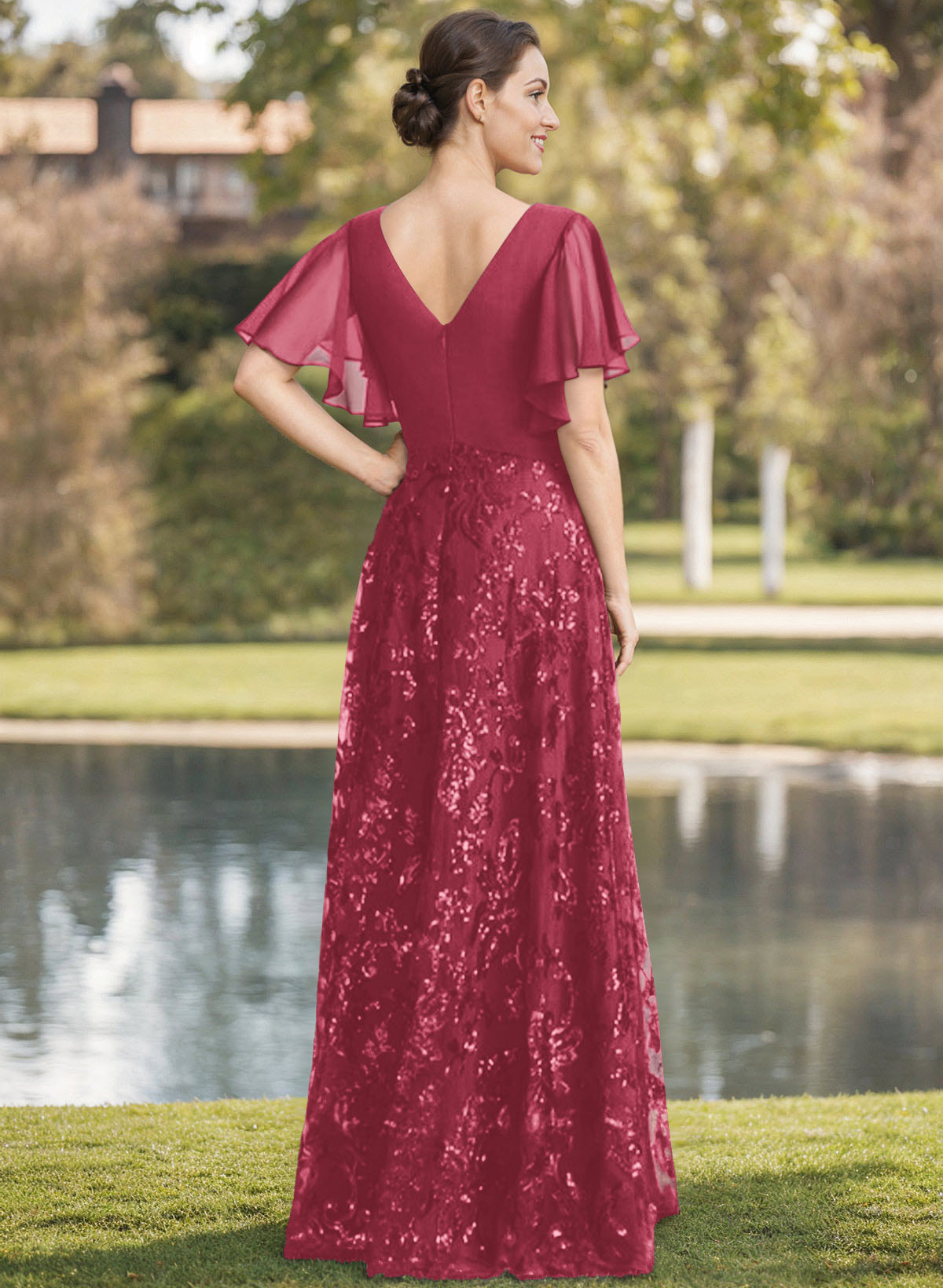 Exquisite Flutter Sleeve V-Neck Mother Of The Bride Dresses With Floral Embroidered Skirt