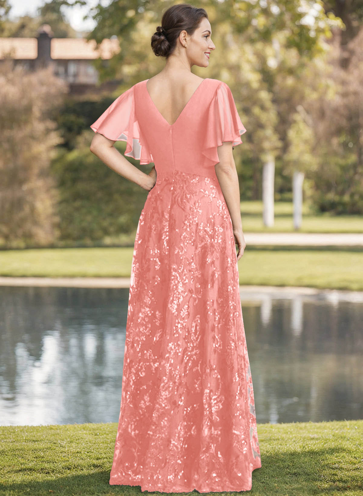 Exquisite Flutter Sleeve V-Neck Mother Of The Bride Dresses With Floral Embroidered Skirt