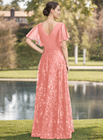 Exquisite Flutter Sleeve V-Neck Mother Of The Bride Dresses With Floral Embroidered Skirt