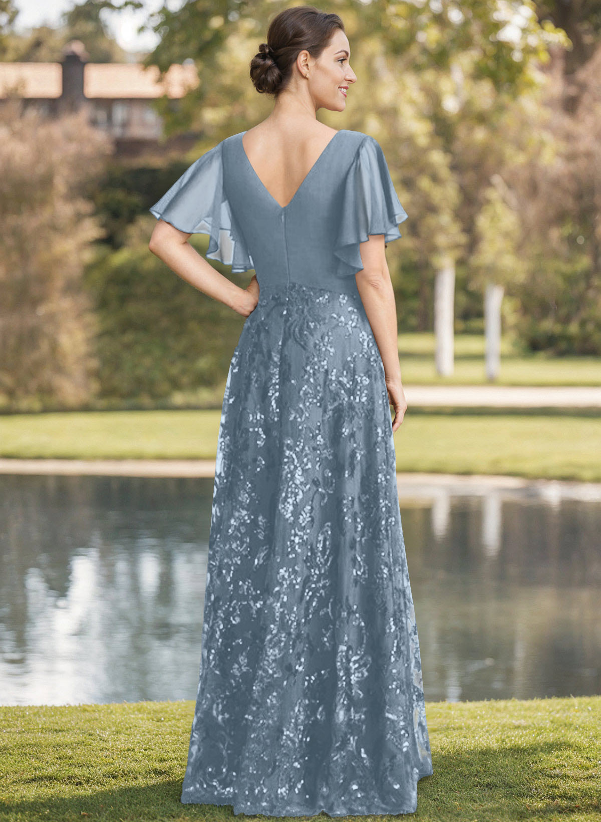 Exquisite Flutter Sleeve V-Neck Mother Of The Bride Dresses With Floral Embroidered Skirt