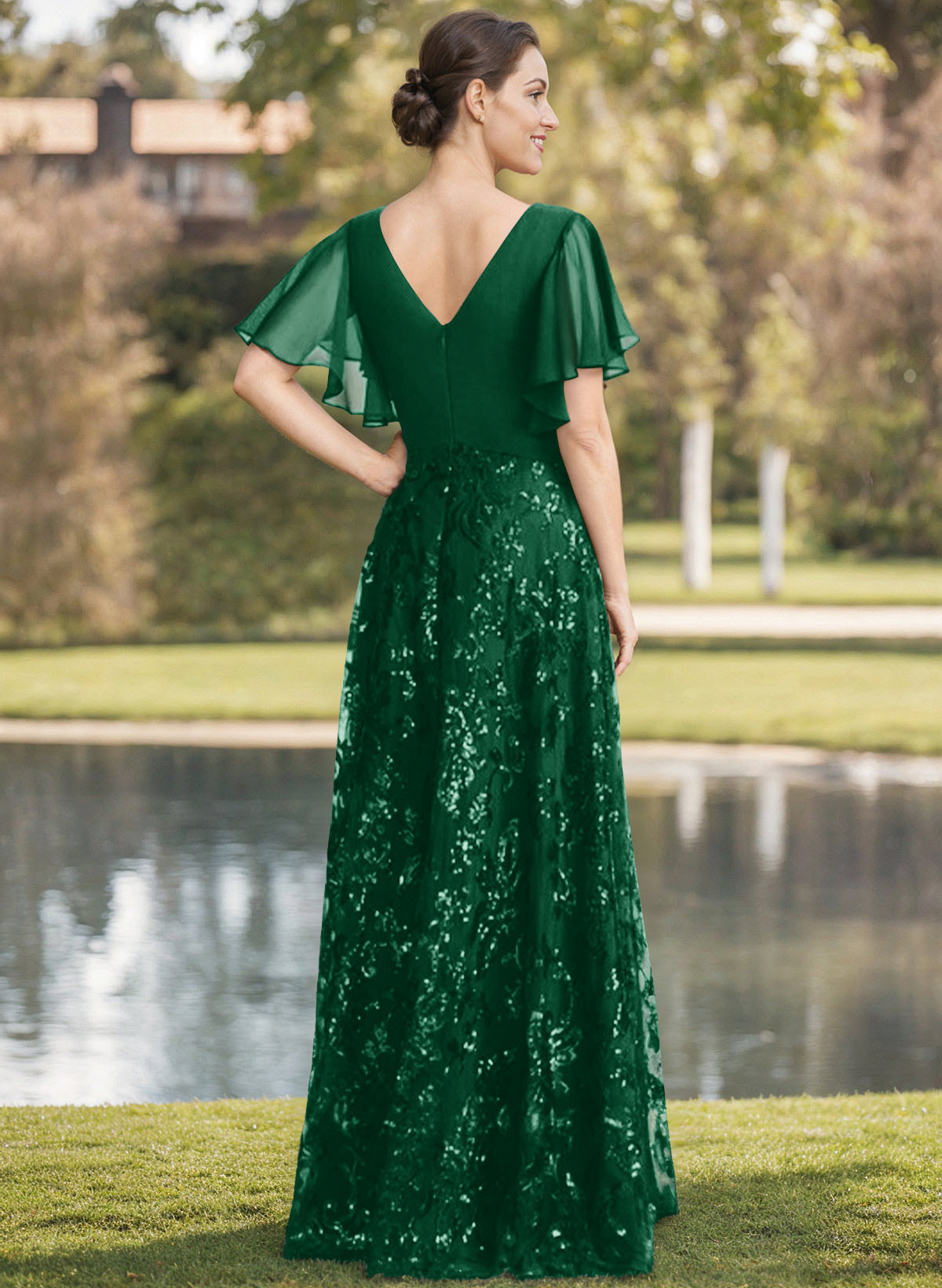 Exquisite Flutter Sleeve V-Neck Mother Of The Bride Dresses With Floral Embroidered Skirt