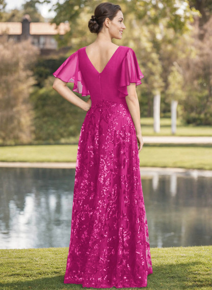 Exquisite Flutter Sleeve V-Neck Mother Of The Bride Dresses With Floral Embroidered Skirt