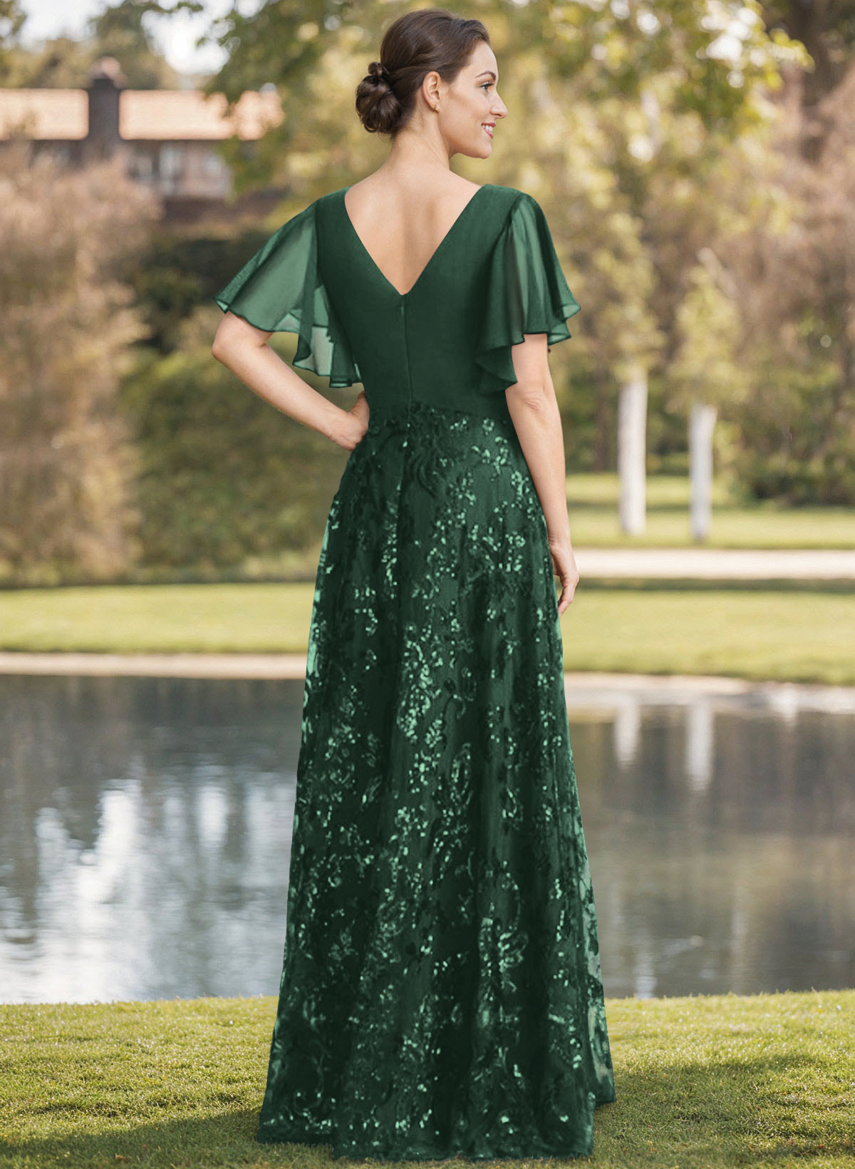 Exquisite Flutter Sleeve V-Neck Mother Of The Bride Dresses With Floral Embroidered Skirt