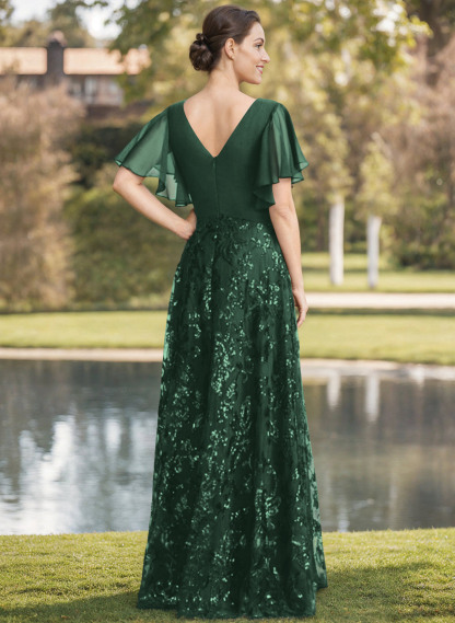 Exquisite Flutter Sleeve V-Neck Mother Of The Bride Dresses With Floral Embroidered Skirt