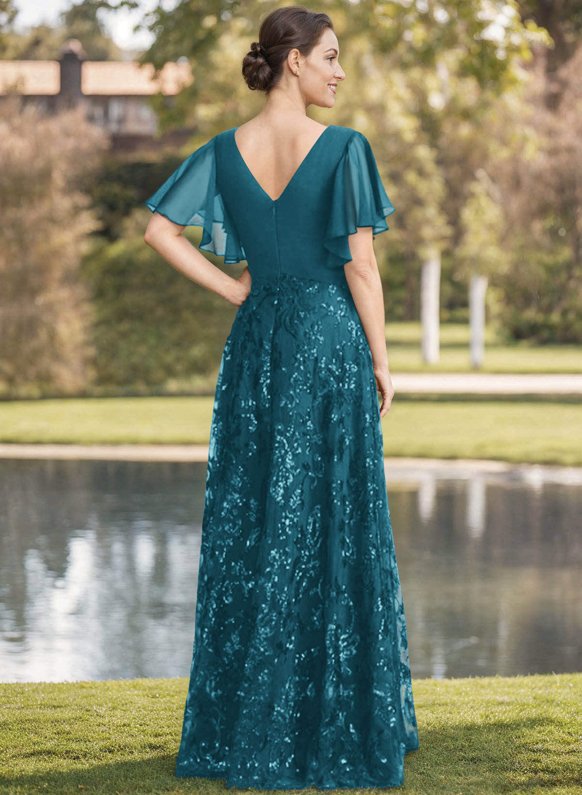 Exquisite Flutter Sleeve V-Neck Mother Of The Bride Dresses With Floral Embroidered Skirt