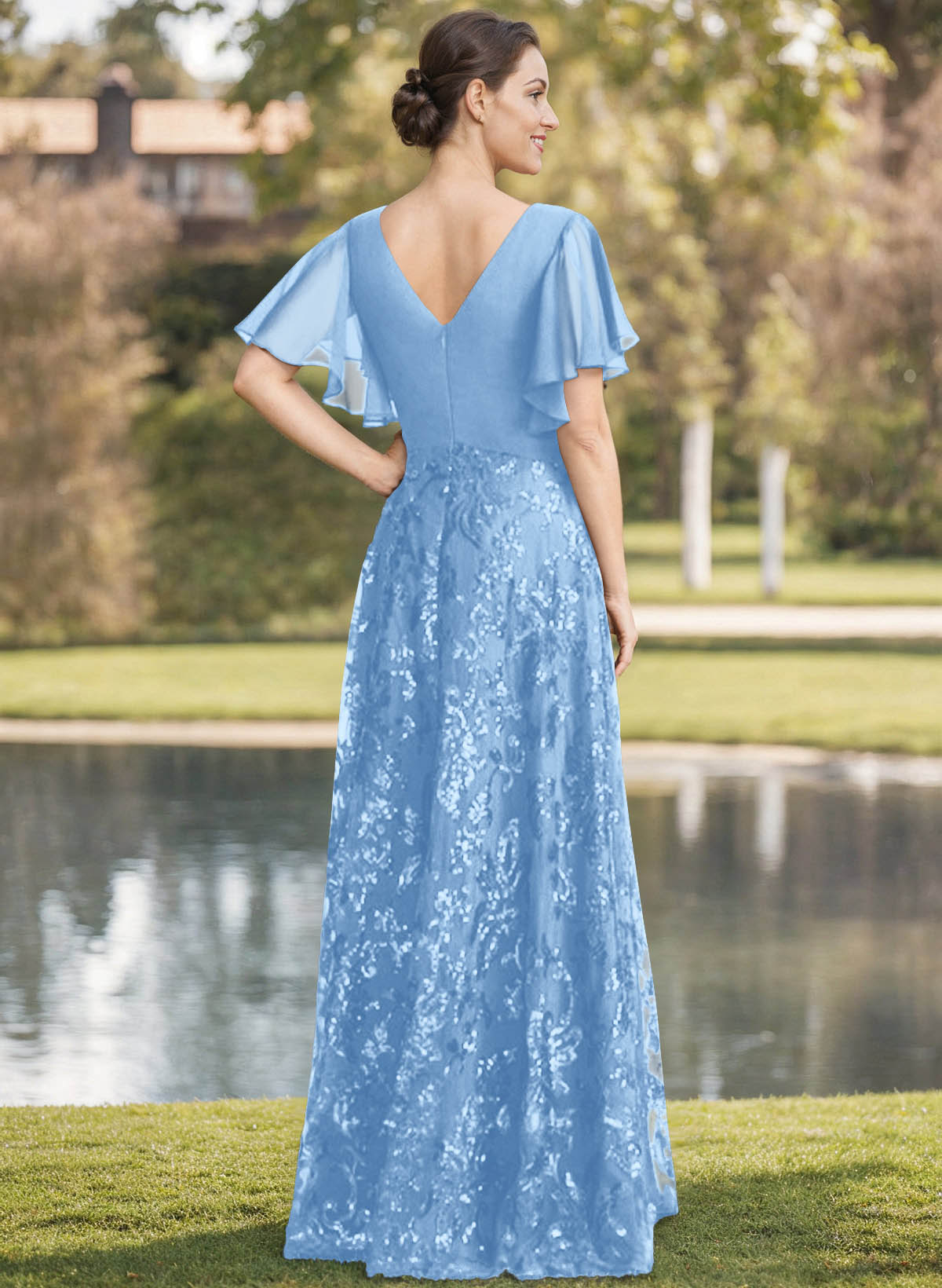 Exquisite Flutter Sleeve V-Neck Mother Of The Bride Dresses With Floral Embroidered Skirt