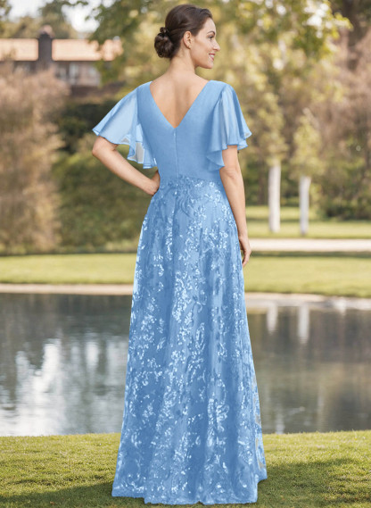 Exquisite Flutter Sleeve V-Neck Mother Of The Bride Dresses With Floral Embroidered Skirt
