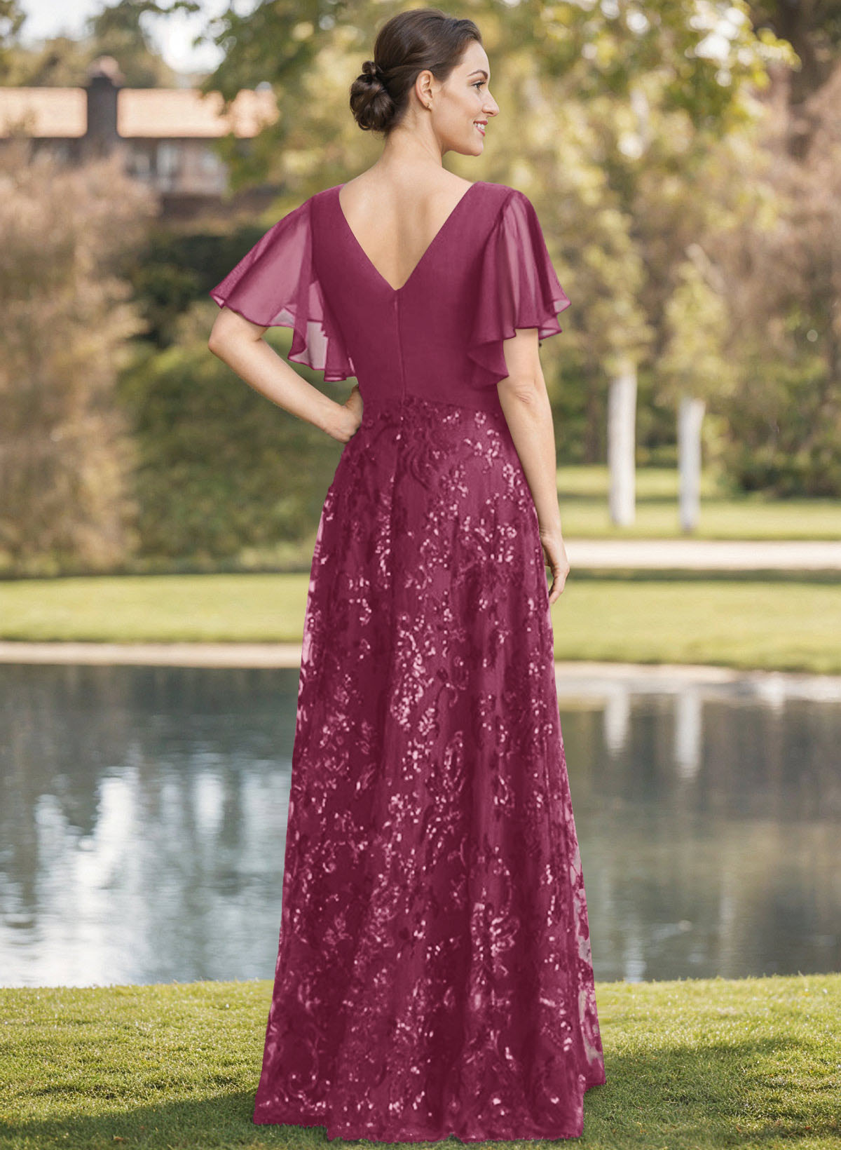 Exquisite Flutter Sleeve V-Neck Mother Of The Bride Dresses With Floral Embroidered Skirt