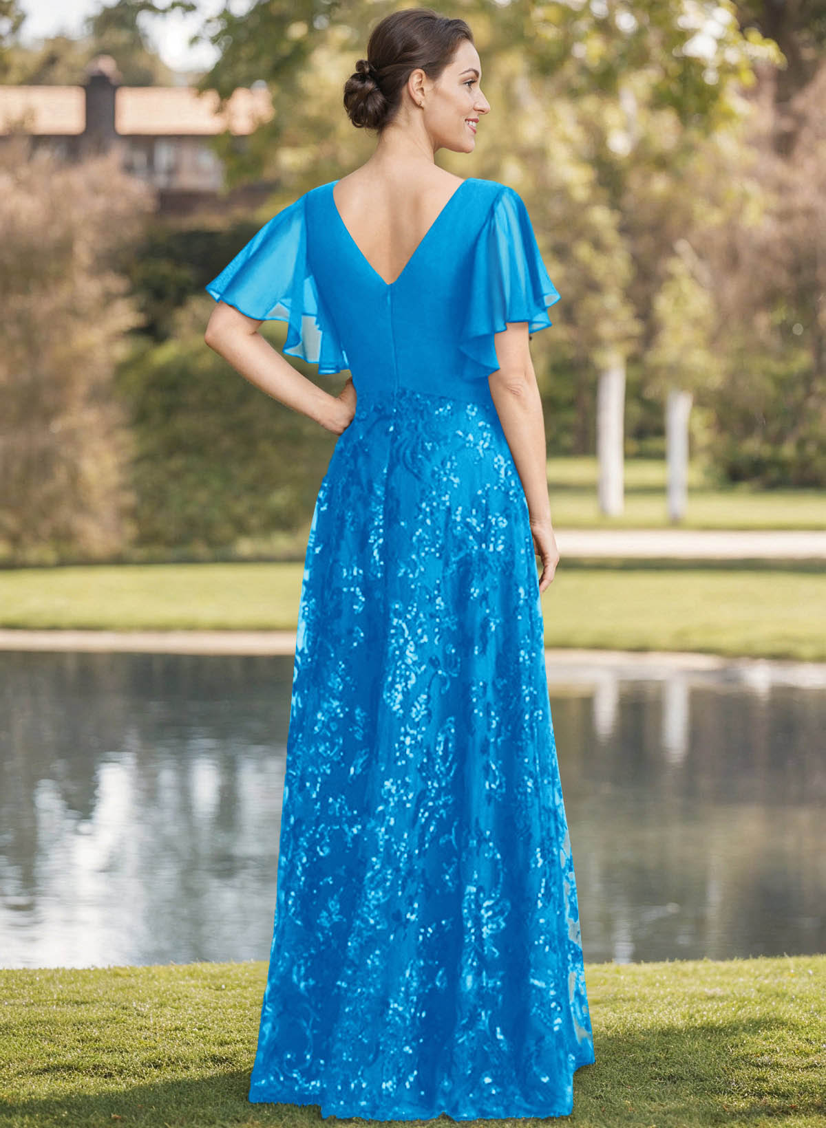 Exquisite Flutter Sleeve V-Neck Mother Of The Bride Dresses With Floral Embroidered Skirt