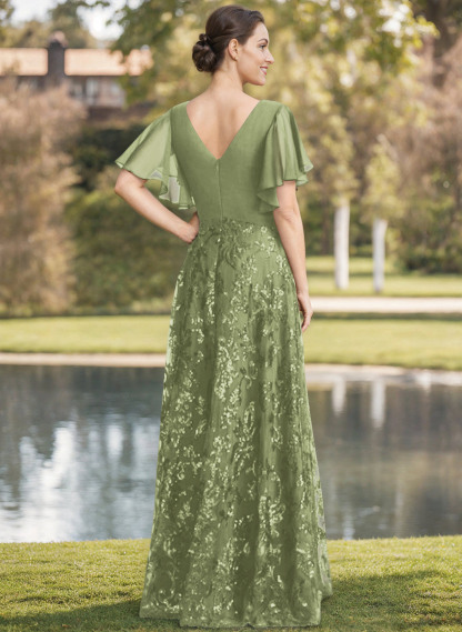 Exquisite Flutter Sleeve V-Neck Mother Of The Bride Dresses With Floral Embroidered Skirt