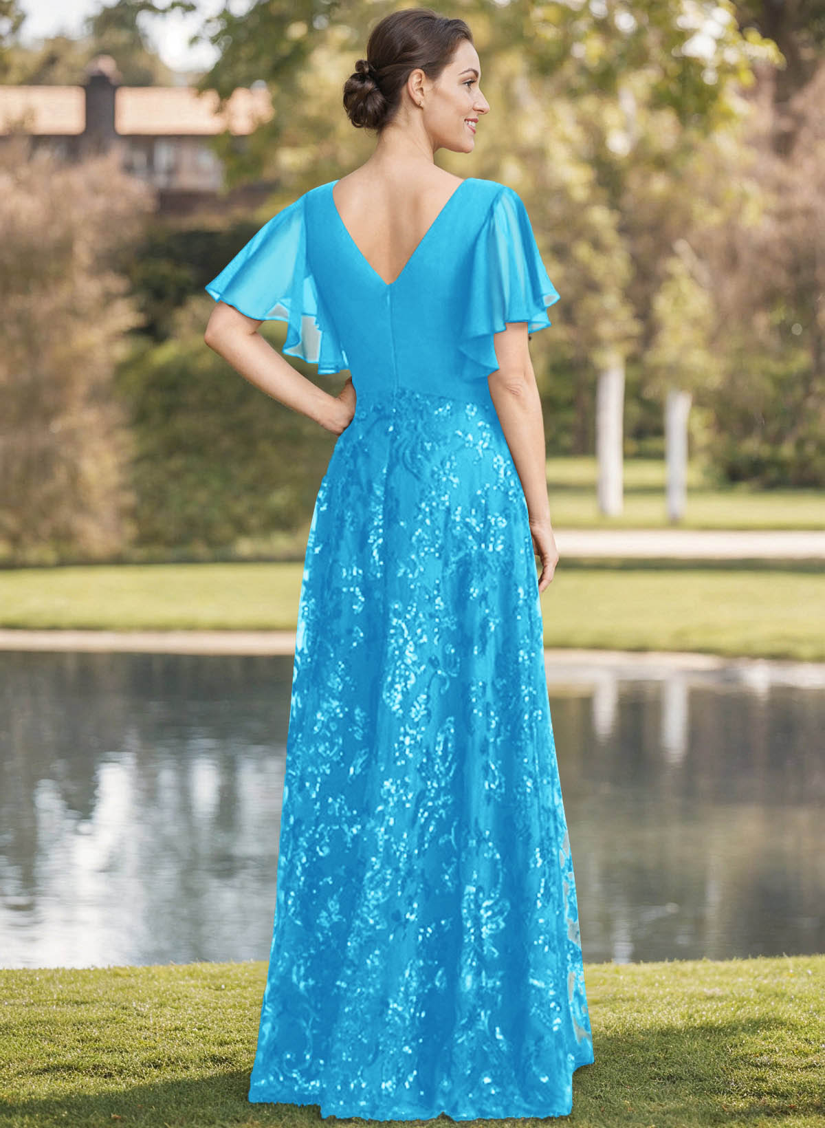 Exquisite Flutter Sleeve V-Neck Mother Of The Bride Dresses With Floral Embroidered Skirt