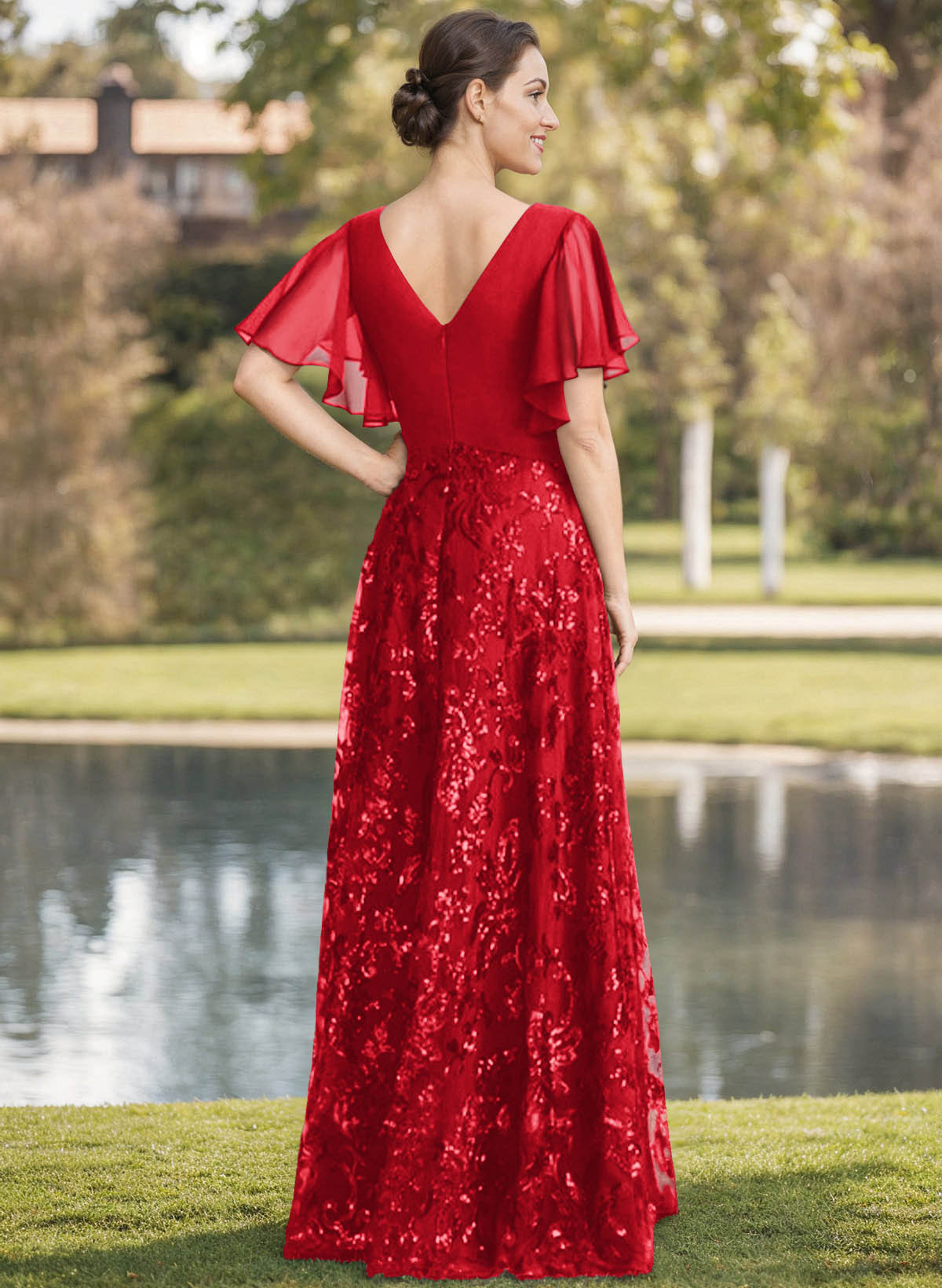 Exquisite Flutter Sleeve V-Neck Mother Of The Bride Dresses With Floral Embroidered Skirt