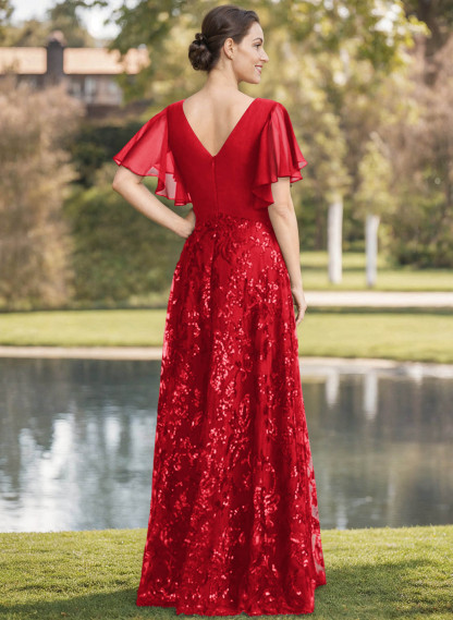 Exquisite Flutter Sleeve V-Neck Mother Of The Bride Dresses With Floral Embroidered Skirt