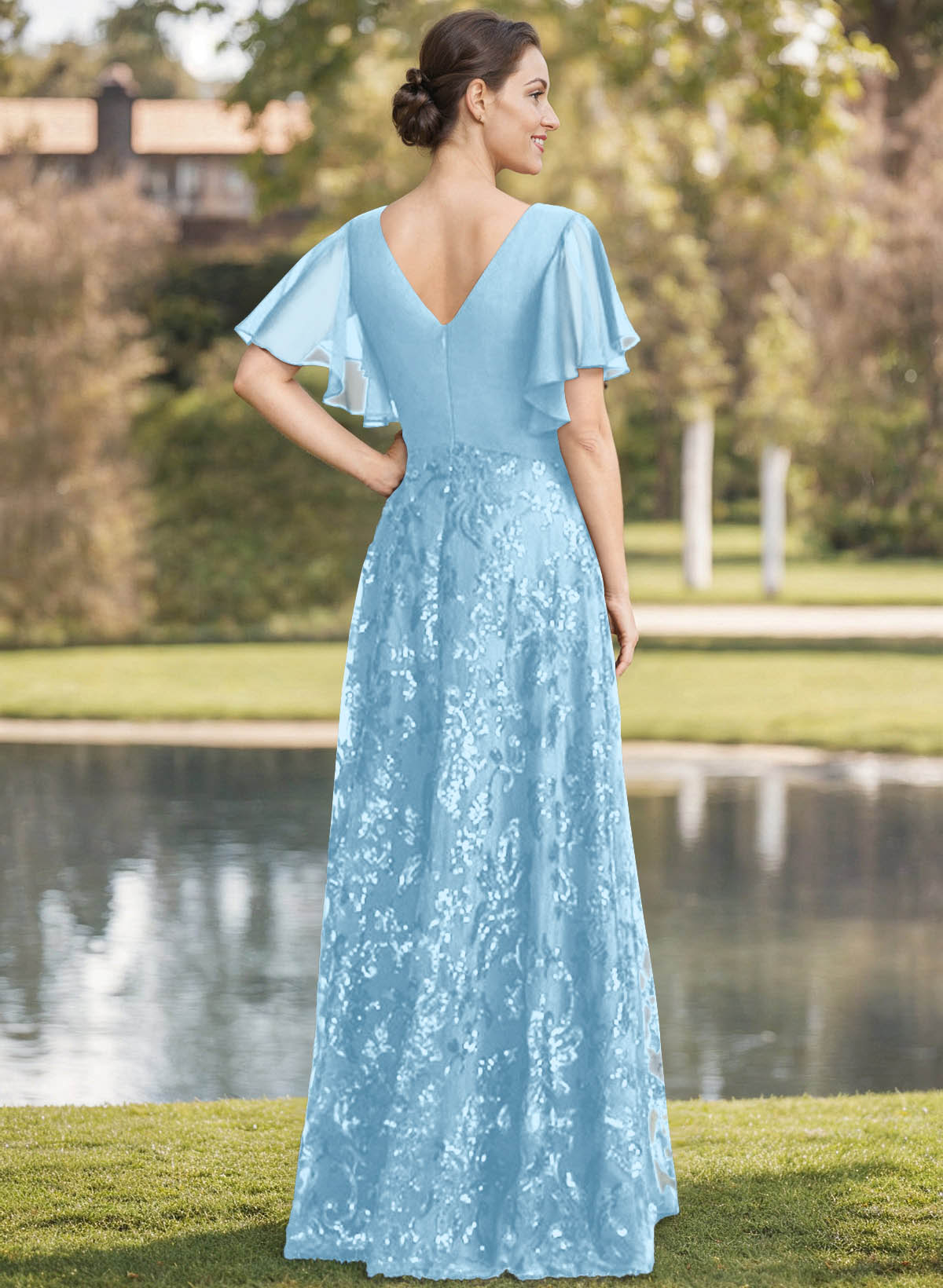 Exquisite Flutter Sleeve V-Neck Mother Of The Bride Dresses With Floral Embroidered Skirt