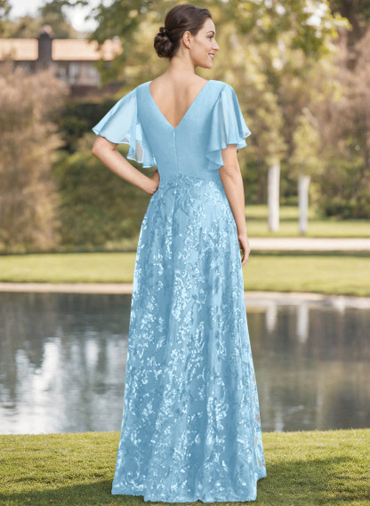 Exquisite Flutter Sleeve V-Neck Mother Of The Bride Dresses With Floral Embroidered Skirt