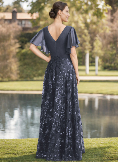 Exquisite Flutter Sleeve V-Neck Mother Of The Bride Dresses With Floral Embroidered Skirt
