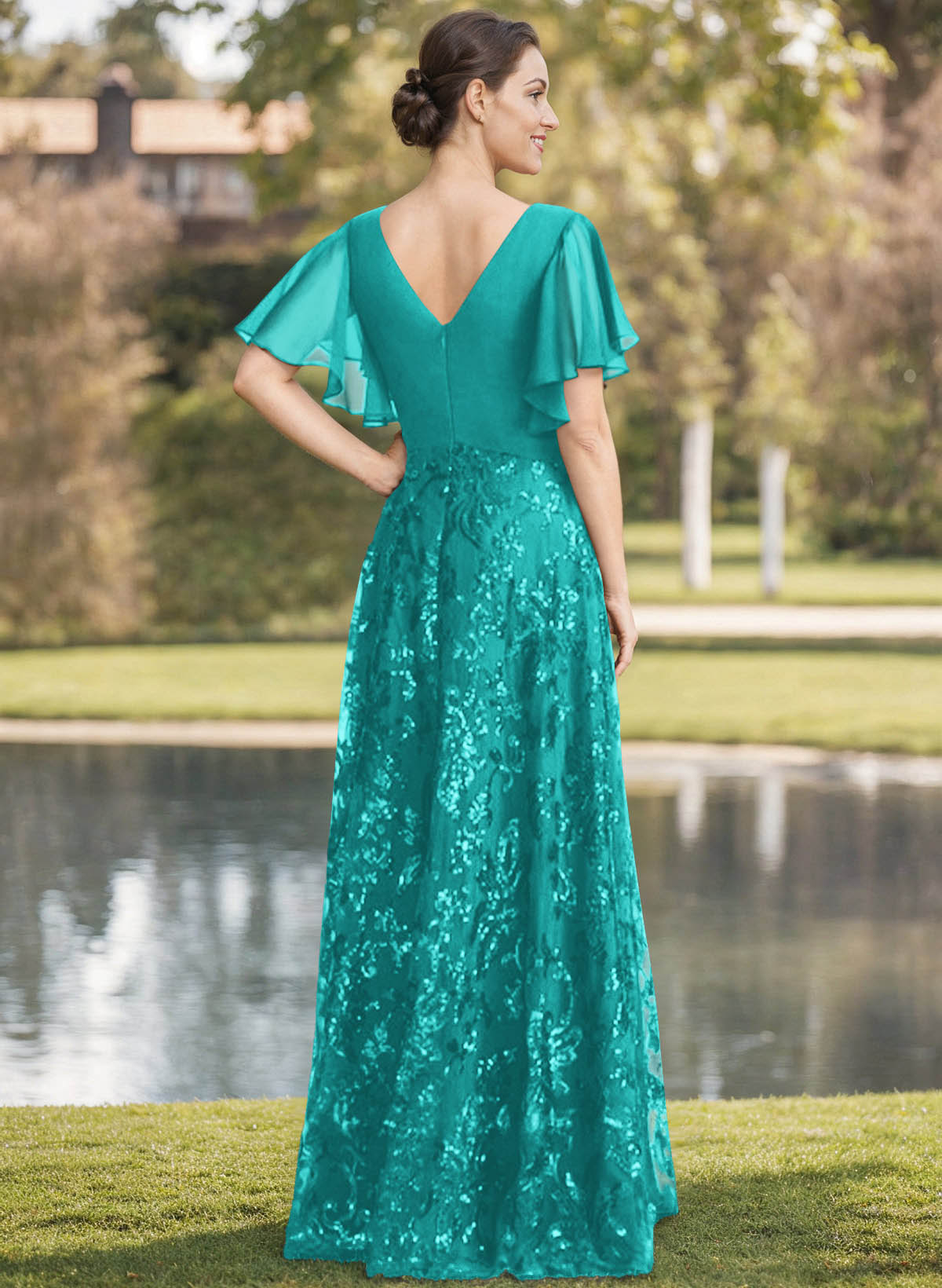Exquisite Flutter Sleeve V-Neck Mother Of The Bride Dresses With Floral Embroidered Skirt