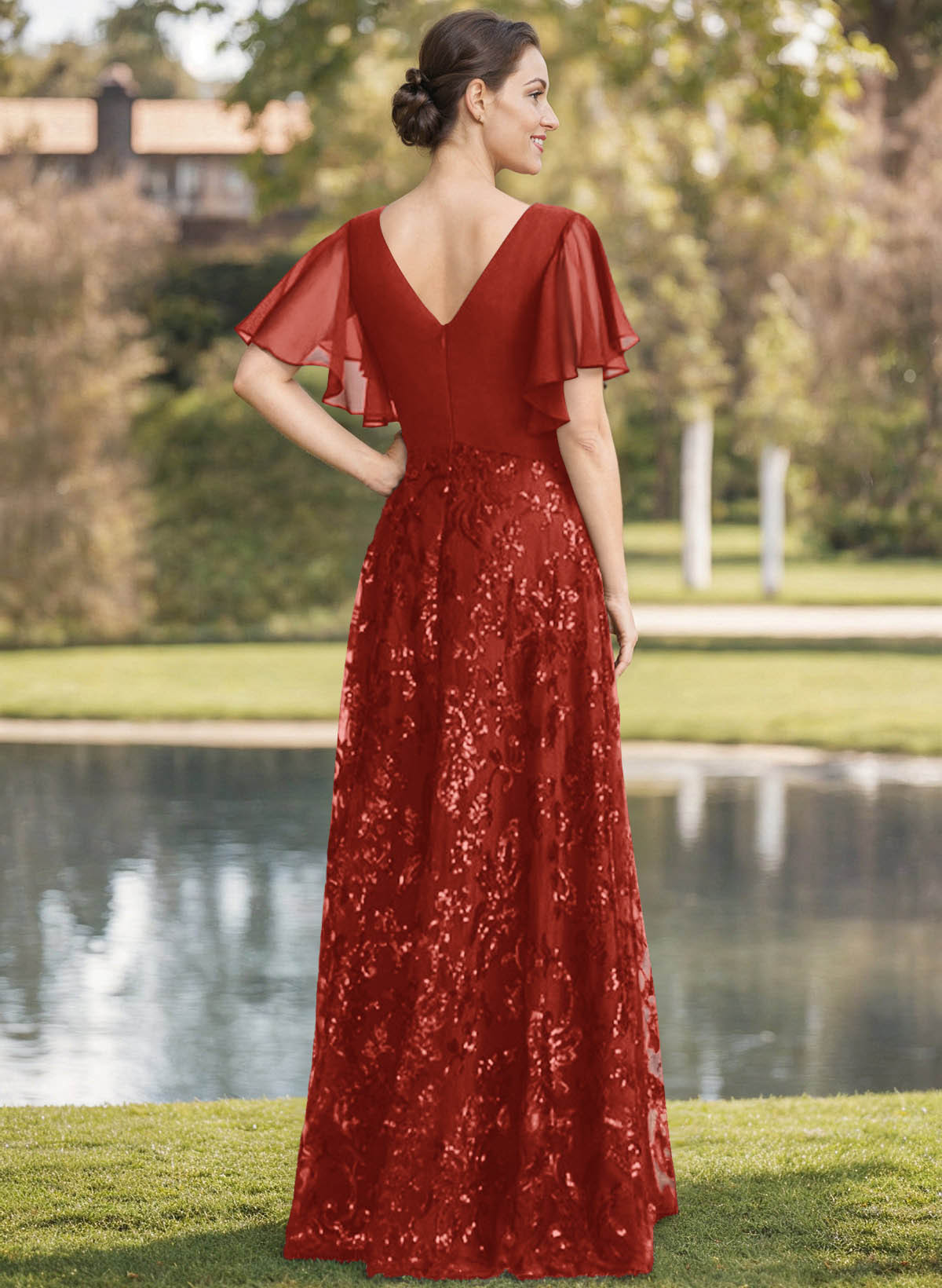 Exquisite Flutter Sleeve V-Neck Mother Of The Bride Dresses With Floral Embroidered Skirt
