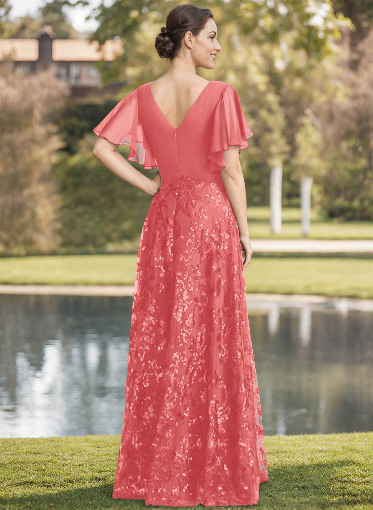 Exquisite Flutter Sleeve V-Neck Mother Of The Bride Dresses With Floral Embroidered Skirt