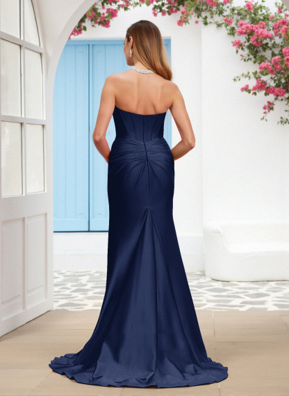 Sparkle Trumpet Halter Sleeveless Stretch Satin Knit Bridesmaid Dresses With High Split