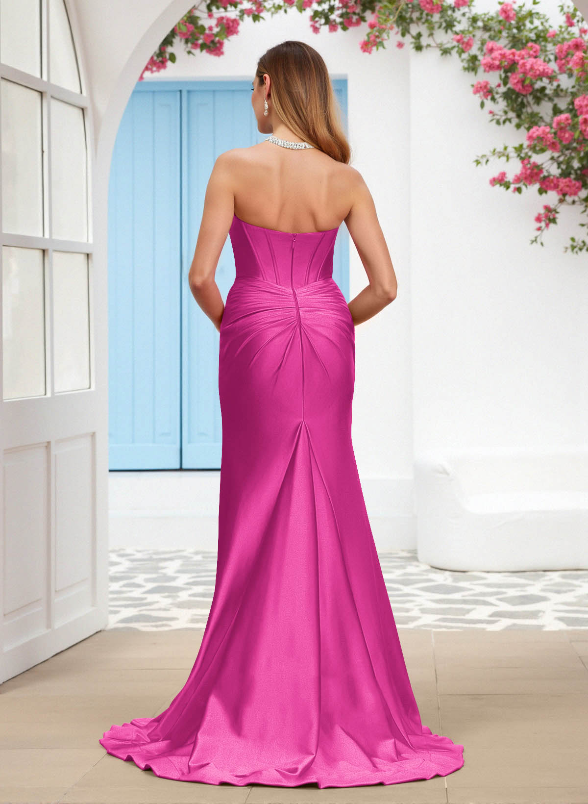Sparkle Trumpet Halter Sleeveless Stretch Satin Knit Bridesmaid Dresses With High Split