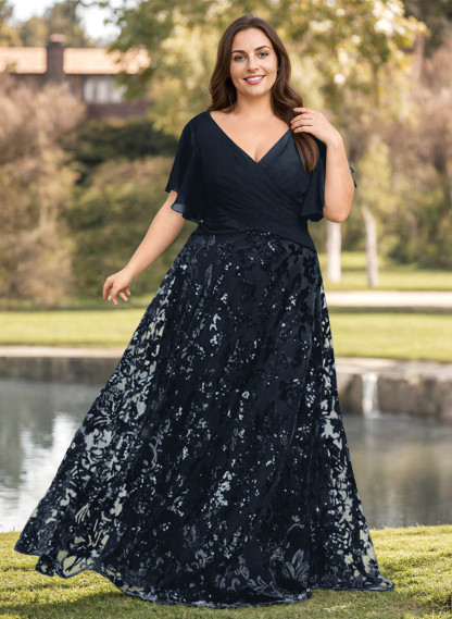 Exquisite Flutter Sleeve V-Neck Mother Of The Bride Dresses With Floral Embroidered Skirt