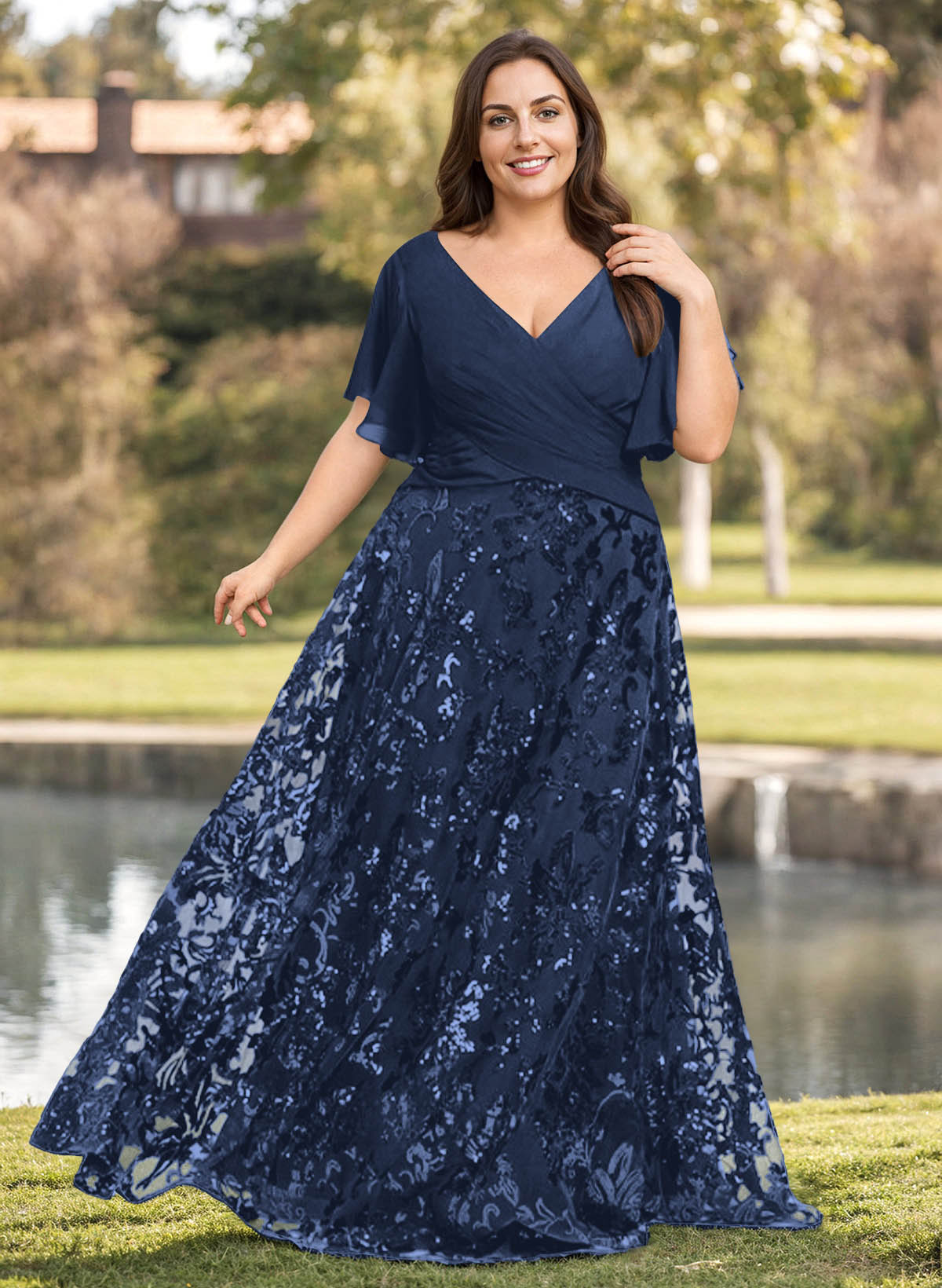 Exquisite Flutter Sleeve V-Neck Mother Of The Bride Dresses With Floral Embroidered Skirt