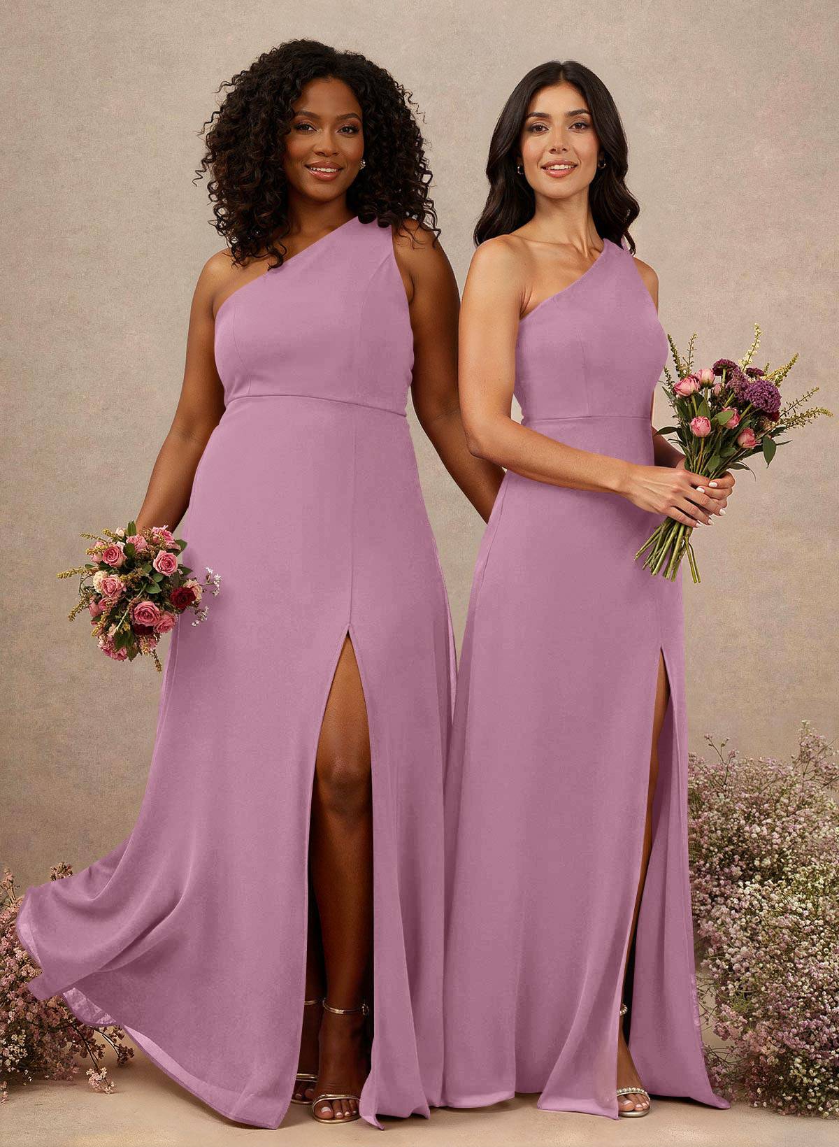 Classic One-Shoulder A-Line High Split Floor-Length Chiffon Bridesmaid Dresses, product image 36
