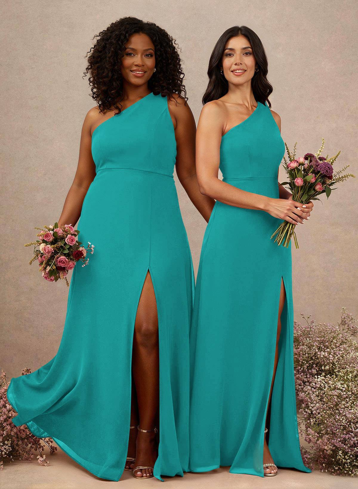 Classic One-Shoulder A-Line High Split Floor-Length Chiffon Bridesmaid Dresses, product image 74