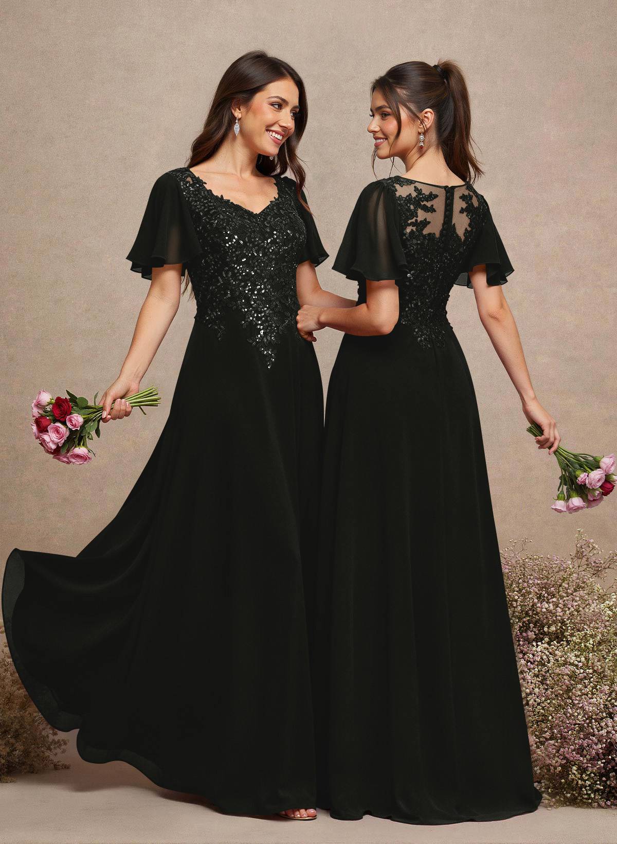 V-Neck Lace Sleeves A-Line Bridesmaid Dresses, image 4
