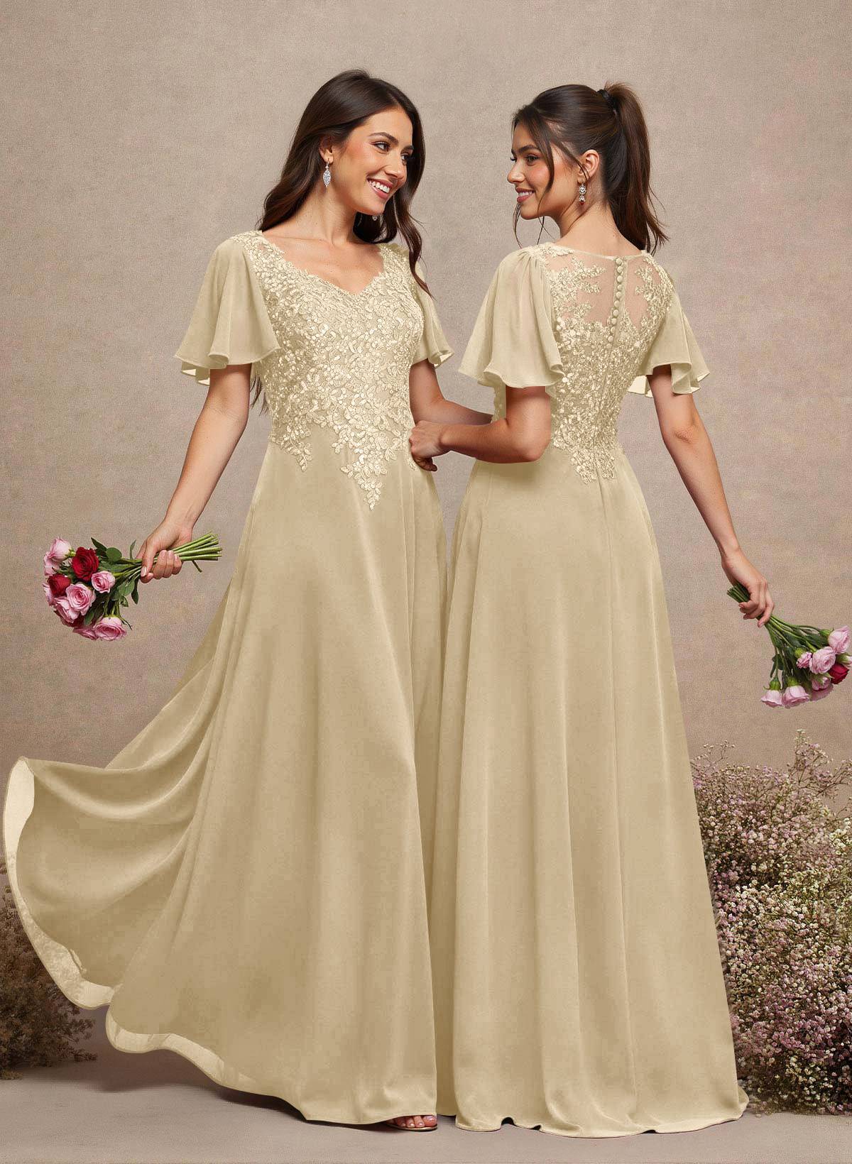 V-Neck Lace Sleeves A-Line Bridesmaid Dresses, image 7