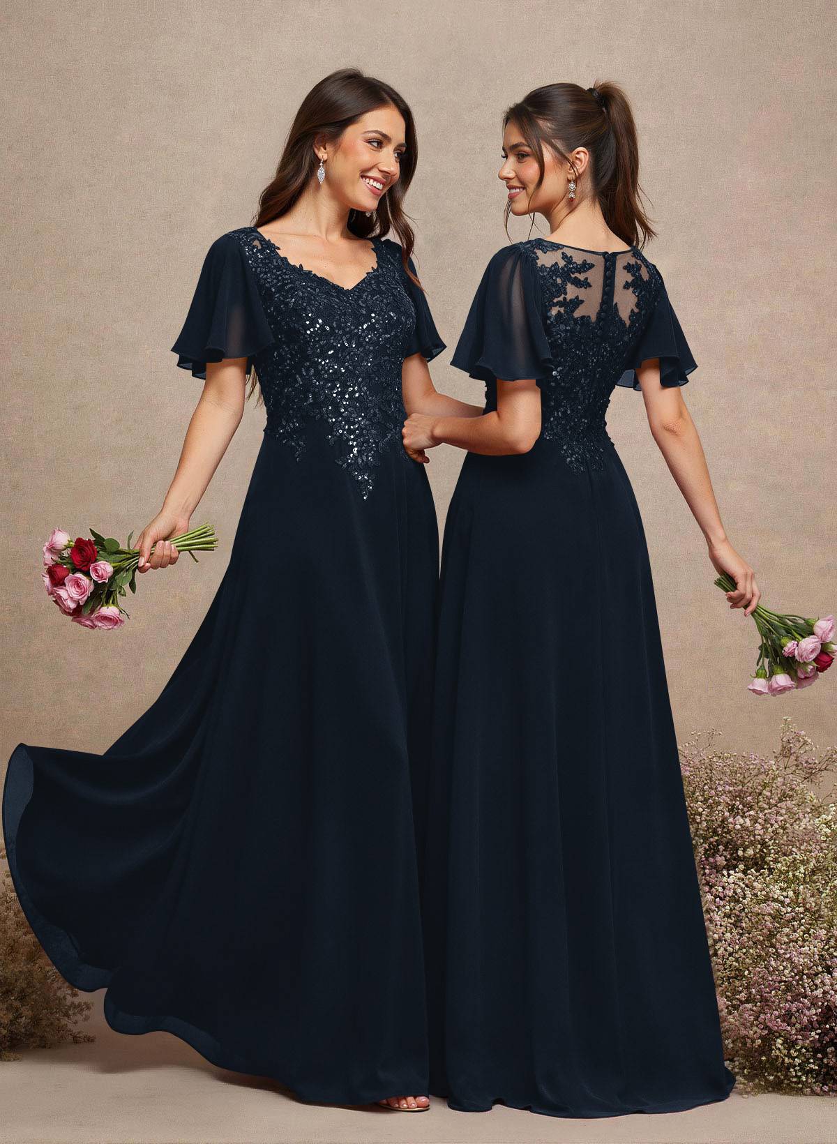 V-Neck Lace Sleeves A-Line Bridesmaid Dresses, image 10