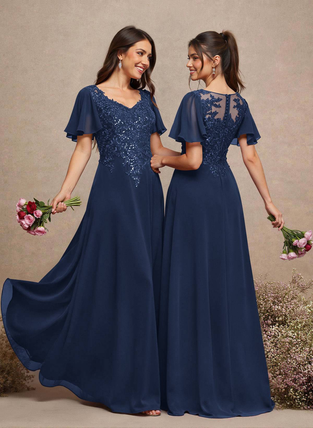 V-Neck Lace Sleeves A-Line Bridesmaid Dresses, image 13