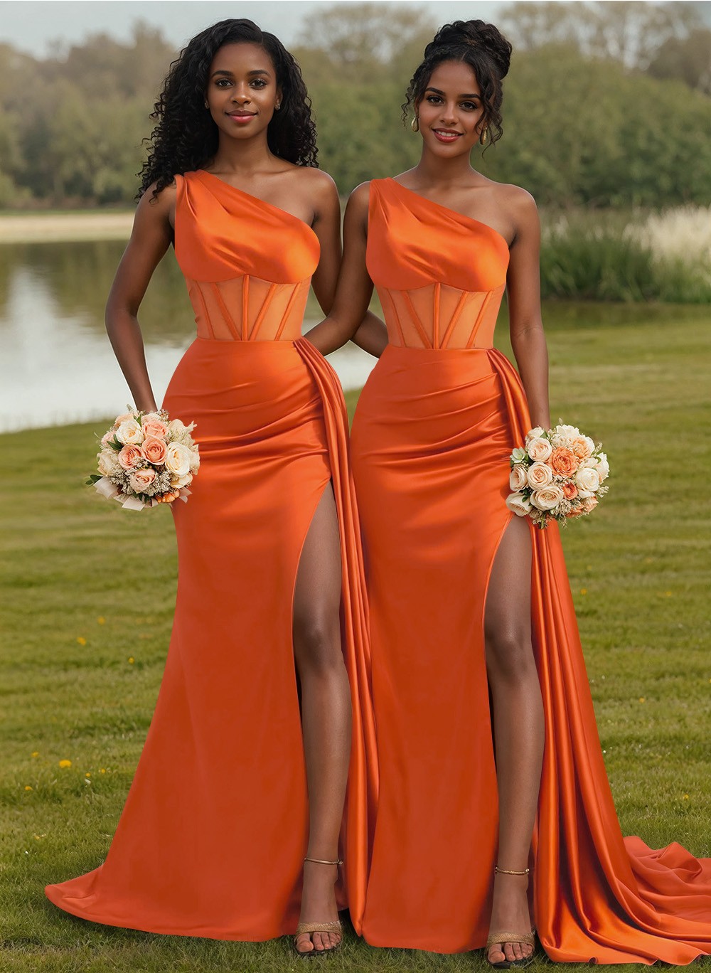 Trumpet/Mermaid One-Shoulder Silk Like Satin Bridesmaid Dresses With High Split, product image 1