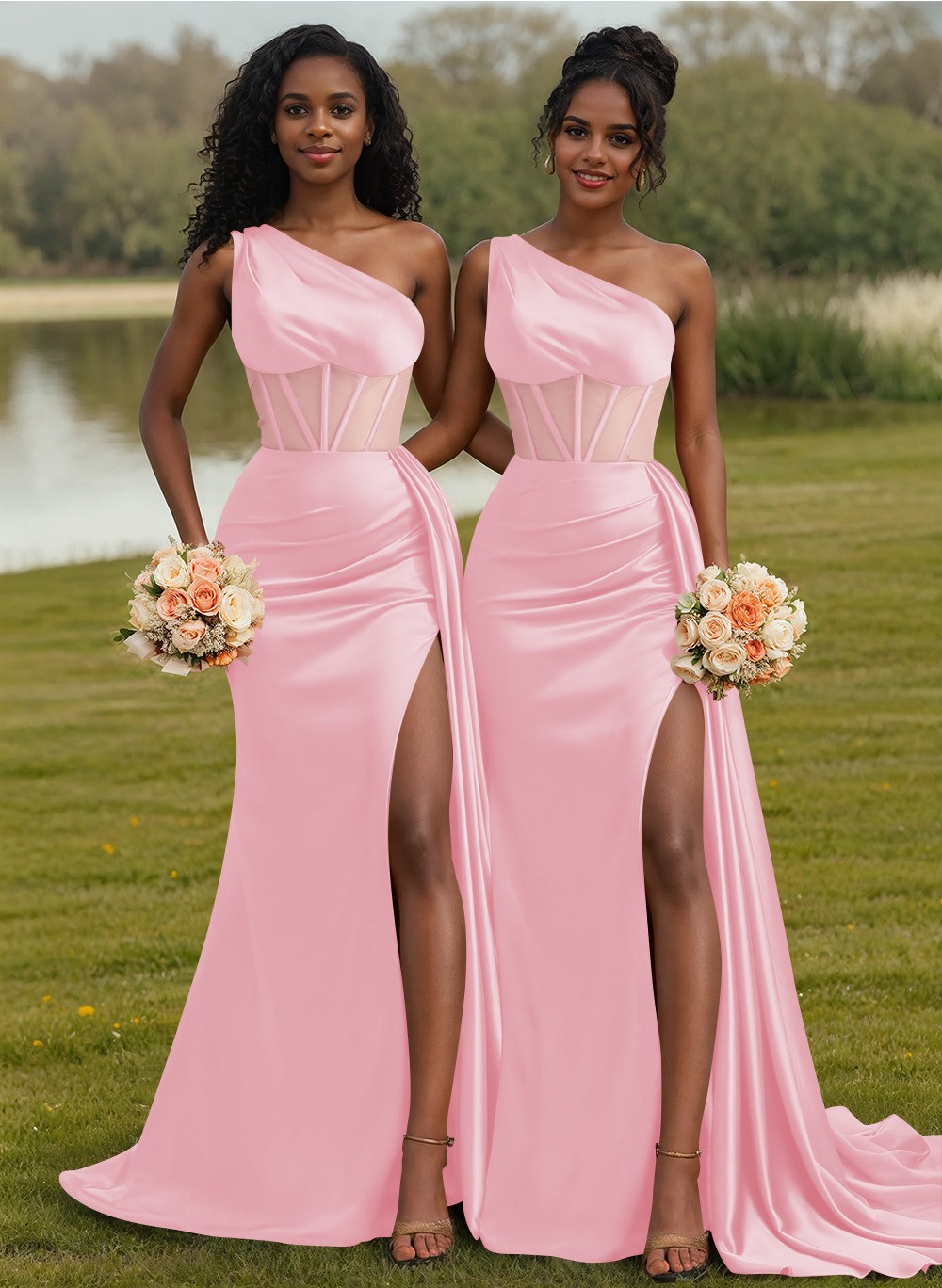 Trumpet/Mermaid One-Shoulder Silk Like Satin Bridesmaid Dresses With High Split, product image 73