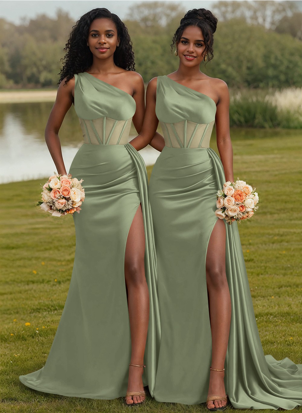 Trumpet/Mermaid One-Shoulder Silk Like Satin Bridesmaid Dresses With High Split, product image 15