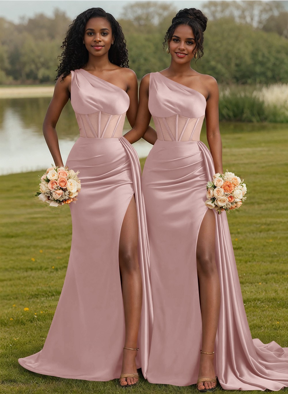 Trumpet/Mermaid One-Shoulder Silk Like Satin Bridesmaid Dresses With High Split, product image 5