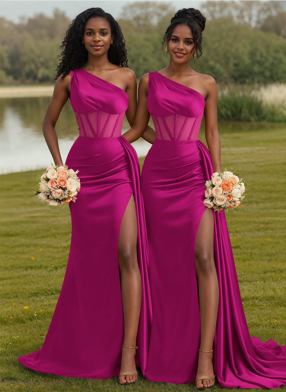 Trumpet/Mermaid One-Shoulder Silk Like Satin Bridesmaid Dresses With High Split, product image 65