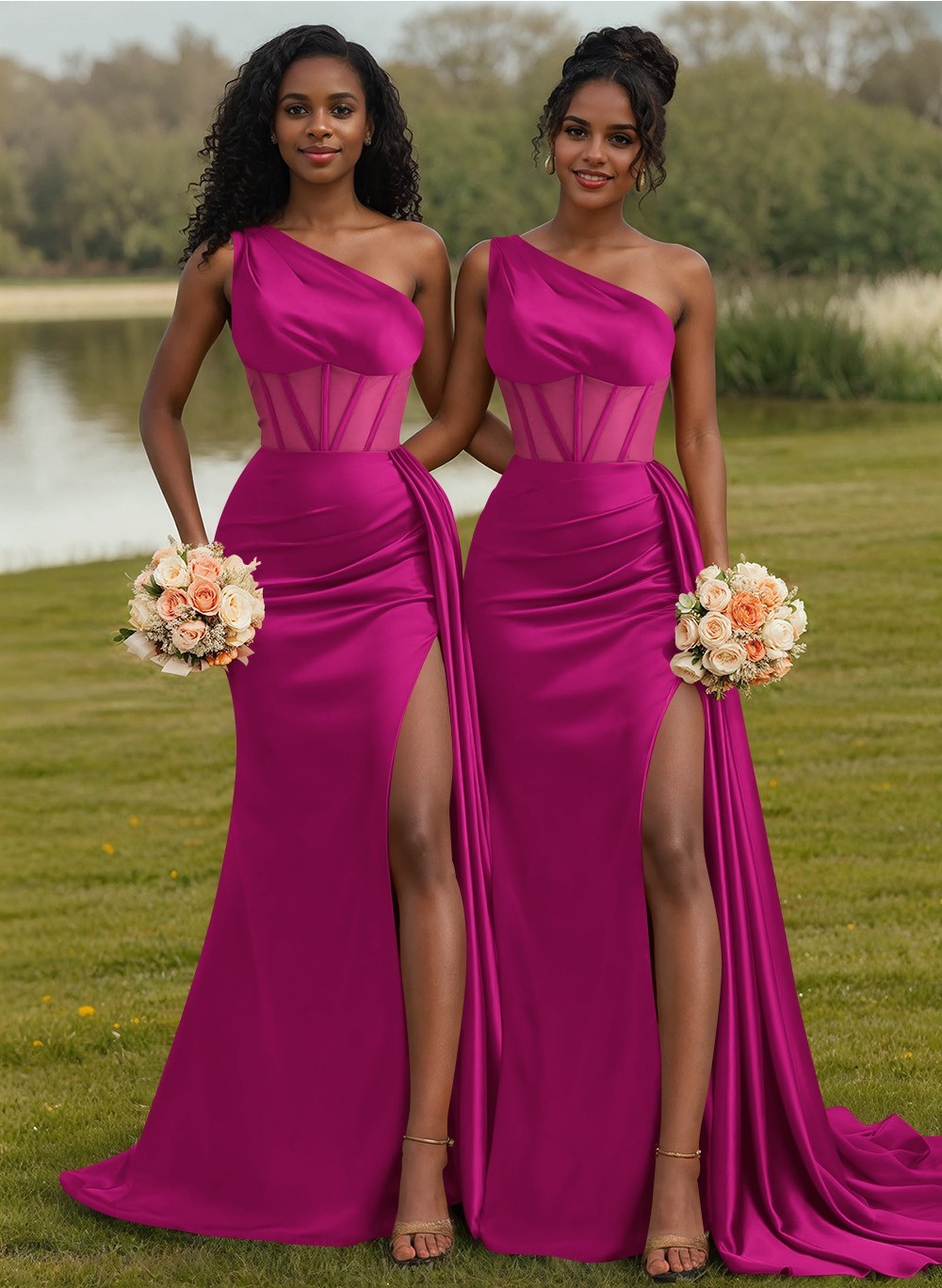 Trumpet/Mermaid One-Shoulder Silk Like Satin Bridesmaid Dresses With High Split, product image 65