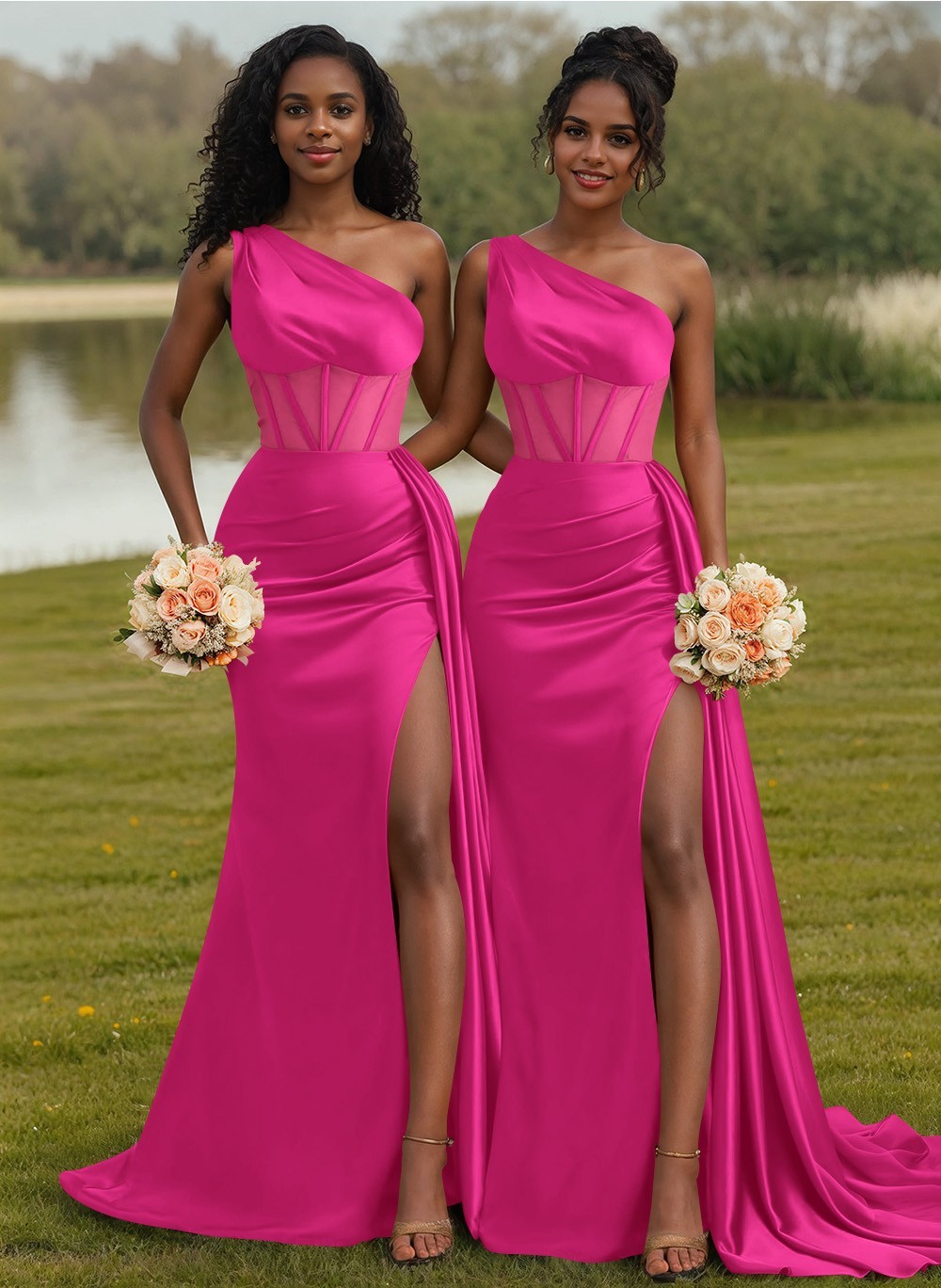 Trumpet/Mermaid One-Shoulder Silk Like Satin Bridesmaid Dresses With High Split, product image 89