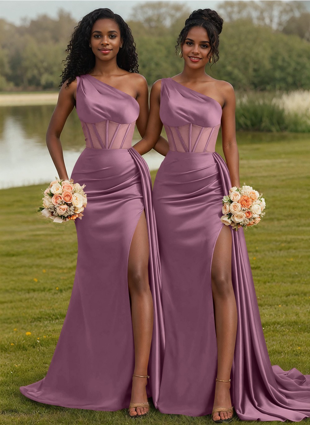 Trumpet/Mermaid One-Shoulder Silk Like Satin Bridesmaid Dresses With High Split, product image 63