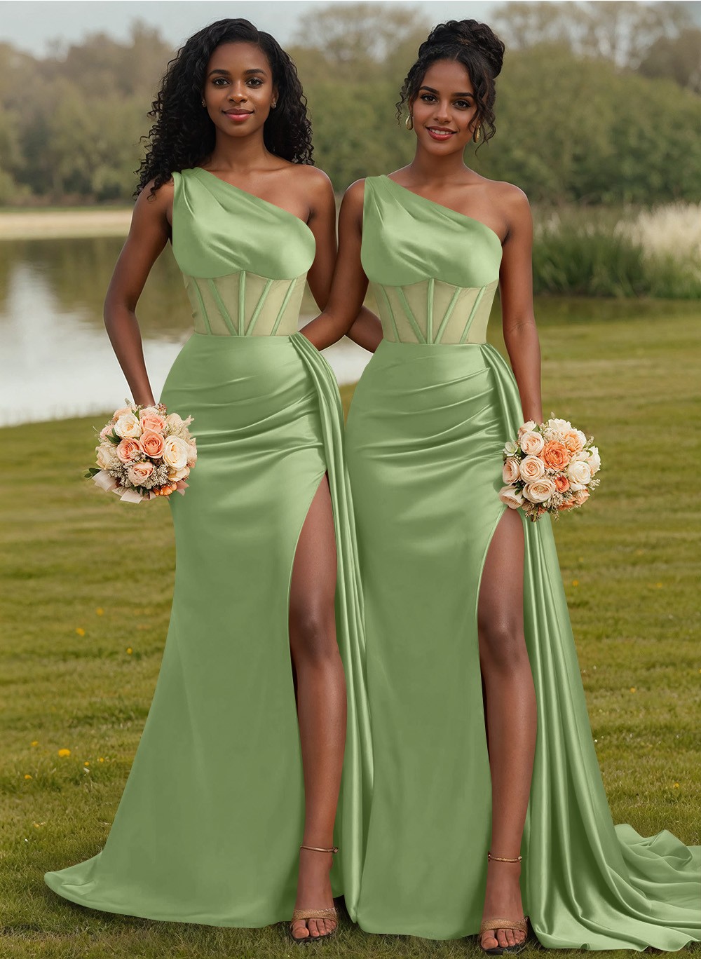 Trumpet/Mermaid One-Shoulder Silk Like Satin Bridesmaid Dresses With High Split, product image 99