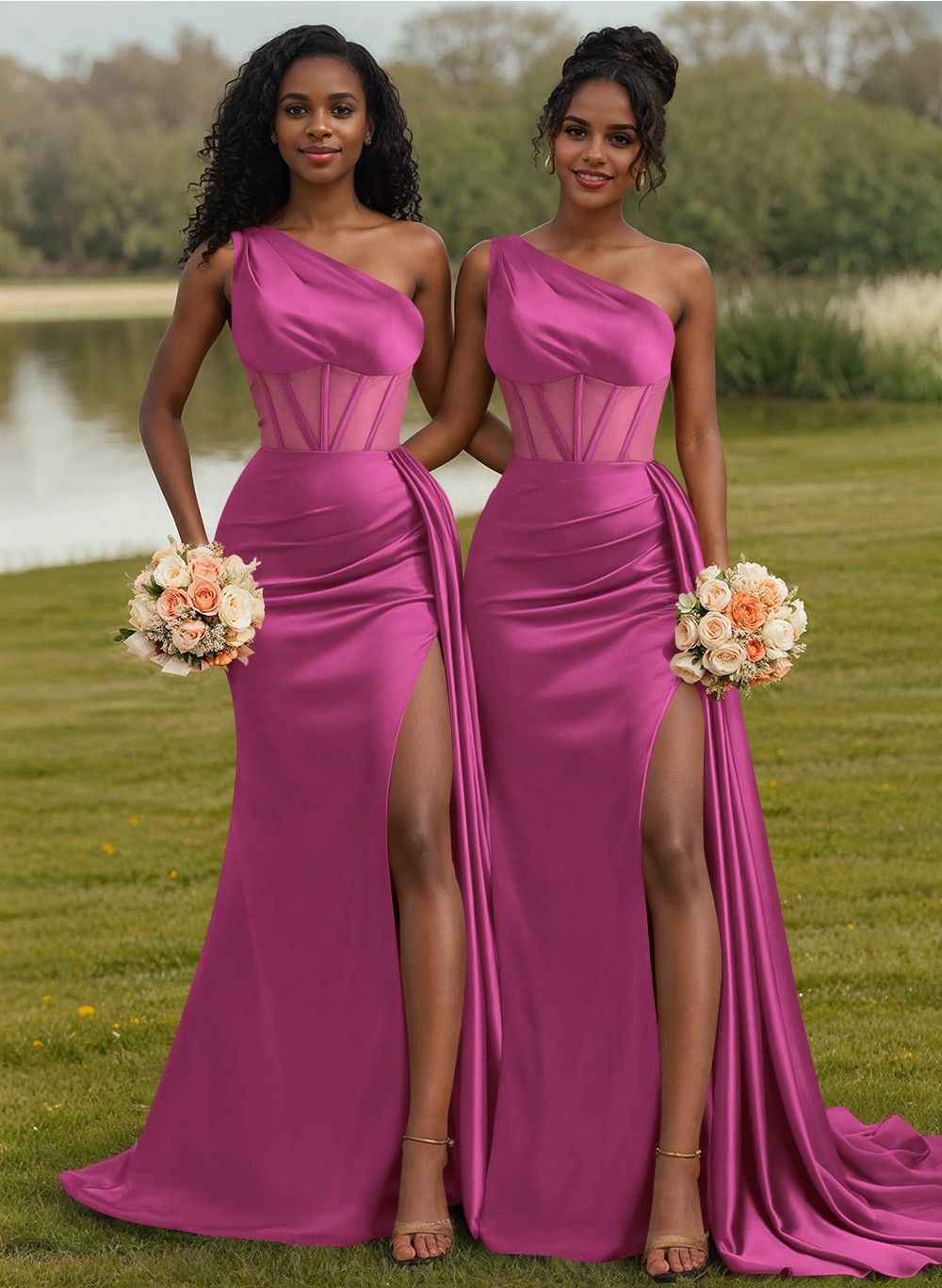 Trumpet/Mermaid One-Shoulder Silk Like Satin Bridesmaid Dresses With High Split, product image 69