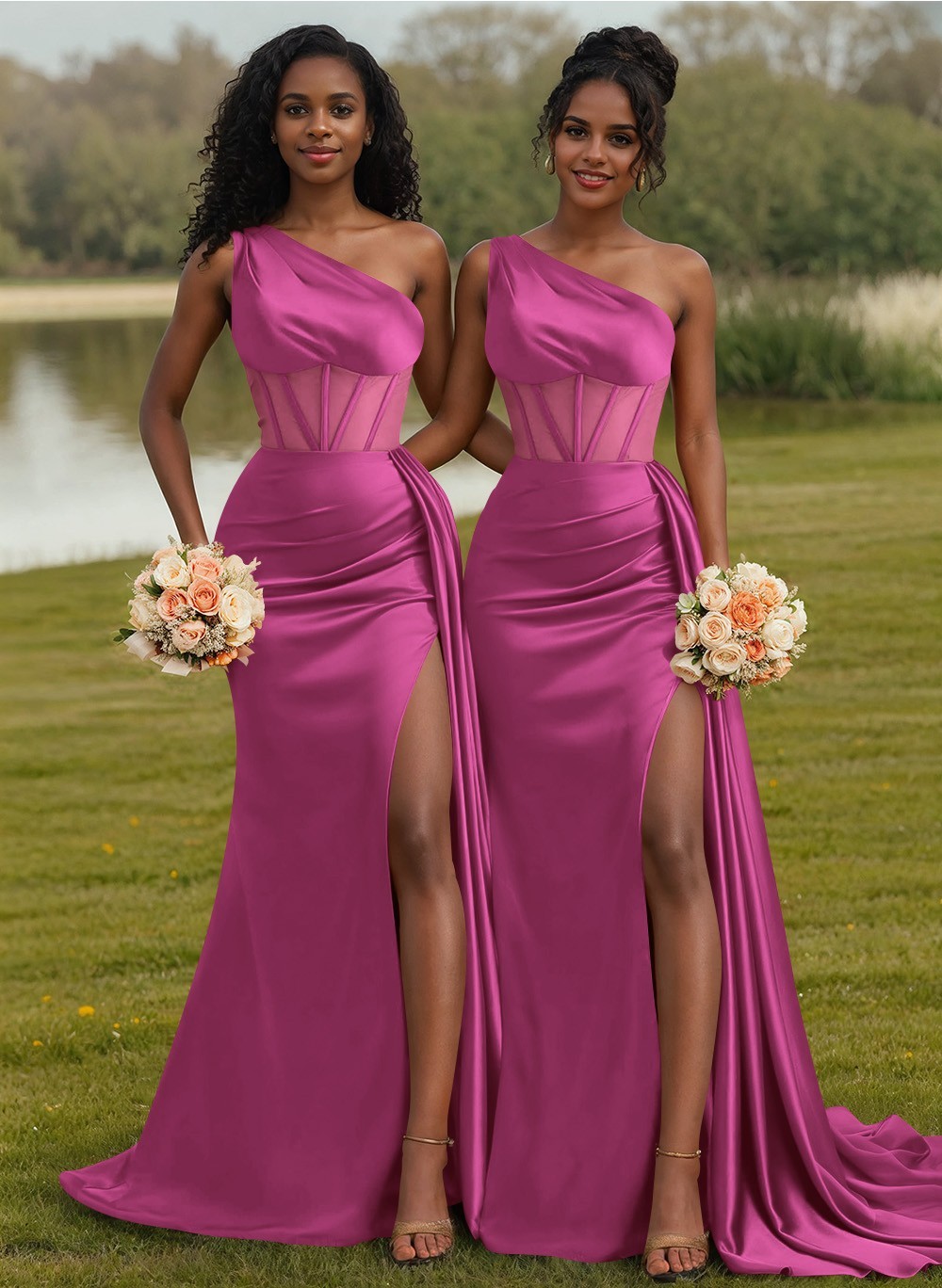 Trumpet/Mermaid One-Shoulder Silk Like Satin Bridesmaid Dresses With High Split, product image 69