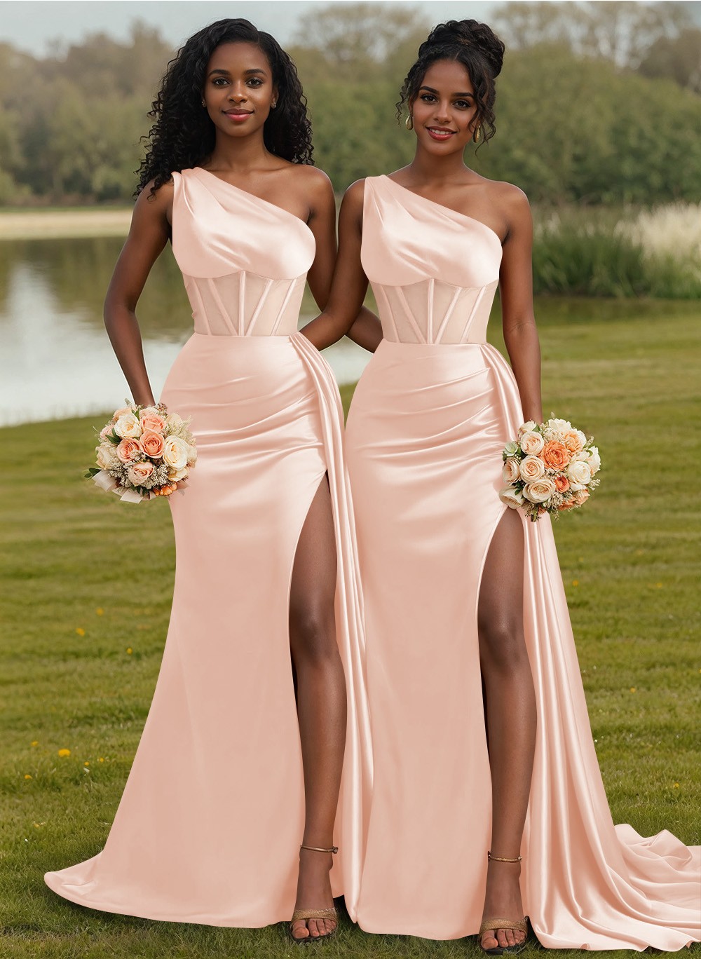 Trumpet/Mermaid One-Shoulder Silk Like Satin Bridesmaid Dresses With High Split, product image 37