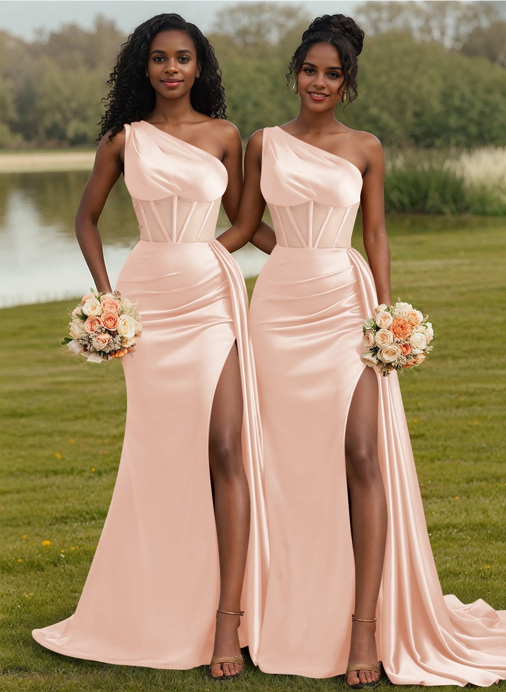 Trumpet/Mermaid One-Shoulder Silk Like Satin Bridesmaid Dresses With High Split, product image 37